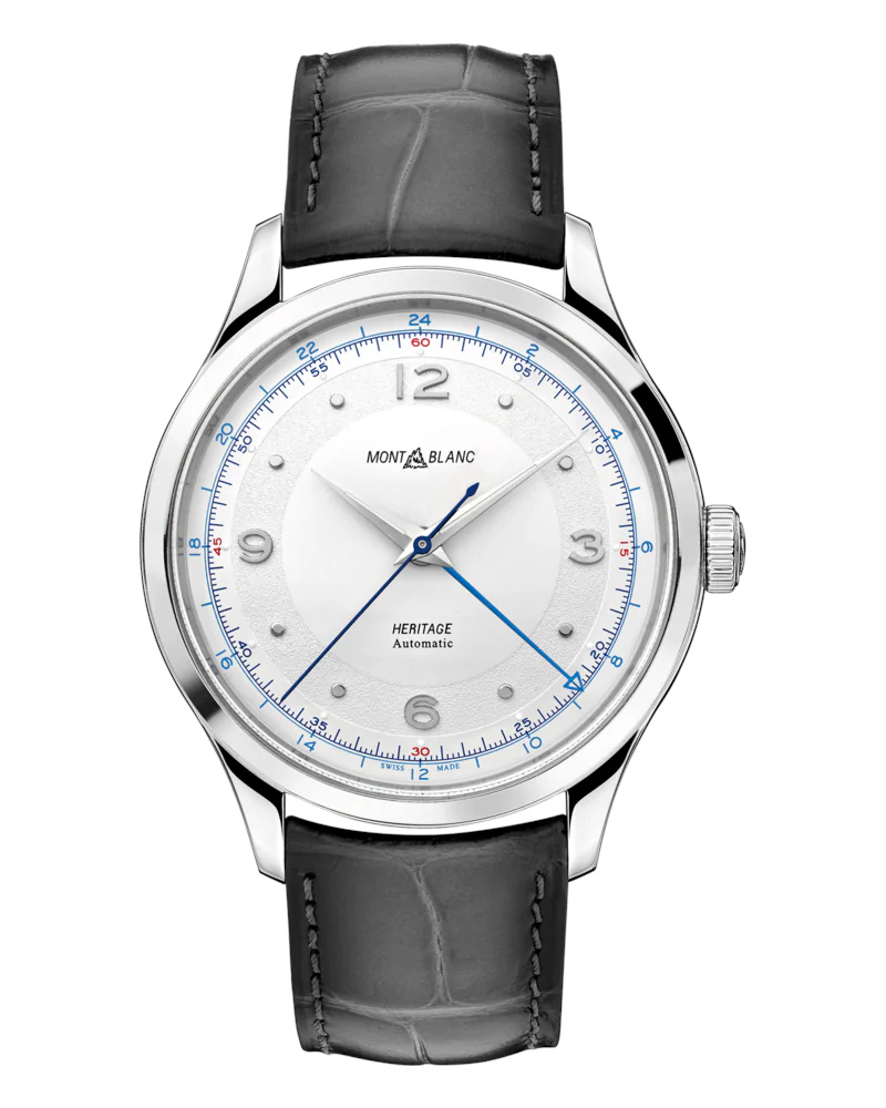 Montblanc Heritage GMT Automatic / orologio uomo / quadrante bianco-argenté / cassa acciaio / cinturino pelle alligatore nero, sfumato grigio