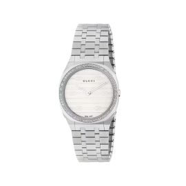 GUCCI 25H / orologio donna / quadrante bianco / cassa acciaio e diamanti / bracciale acciaio