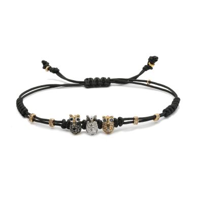 Pippo Perez / bracciale tre gufi small / cordino nero, oro rosa e bianco, diamanti bianchi, neri e brown