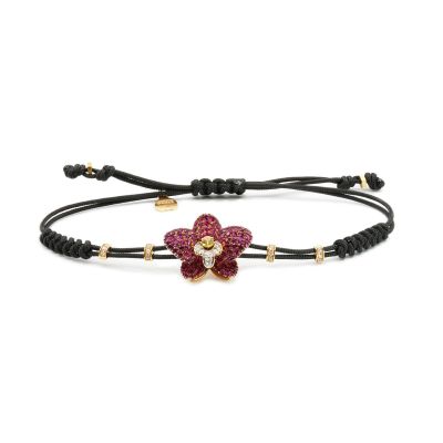 Pippo Perez / bracciale orchidea / cordino nero, oro rosa, diamanti bianchi, rubini e zaffiro giallo