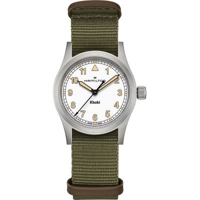 Hamilton Khaki Field Quartz 33 mm / orologio unisex / quadrante bianco / cassa acciaio / cinturino NATO verde e pelle marrone