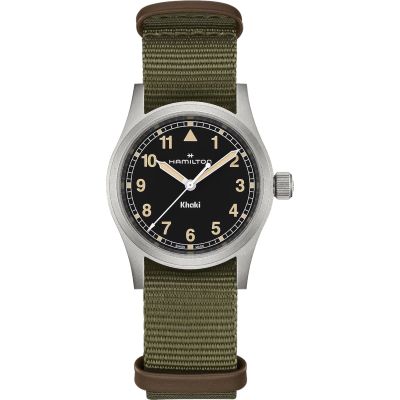 Hamilton Khaki Field Quartz 33 mm / orologio unisex / quadrante nero / cassa acciaio / cinturino NATO verde e pelle marrone