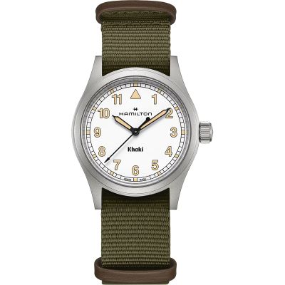 Hamilton Khaki Field Quartz 38 mm / orologio uomo / quadrante bianco / cassa acciaio / cinturino NATO verde e pelle marrone