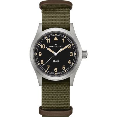 Hamilton Khaki Field Quartz 38 mm / orologio uomo / quadrante nero / cassa acciaio / cinturino NATO verde e pelle marrone