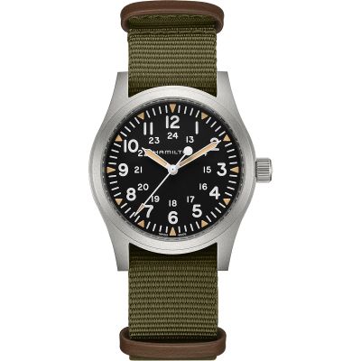 Hamilton Khaki Field Mechanical / orologio uomo / quadrante nero / cassa acciaio / cinturino NATO verde