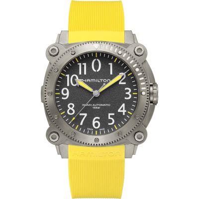 Hamilton Khaki Navy Belowzero Auto Titanium / orologio uomo / quadrante grigio / cassa titanio / cinturino caucciù giallo