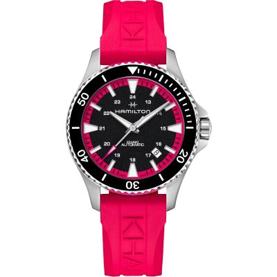 Hamilton Khaki Navy Scuba Auto / orologio unisex / quadrante nero / cassa acciaio / cinturino caucciù rosa