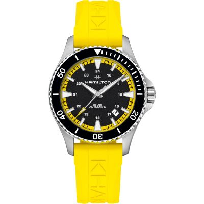 Hamilton Khaki Navy Scuba Auto / orologio unisex / quadrante nero / cassa acciaio / cinturino caucciù giallo