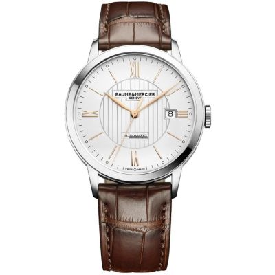 Baume & Mercier Classima / orologio uomo / quadrante argentato con lavorazione guilloché / cassa acciaio / cinturino alligatore marrone 