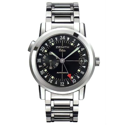 Zenith / Port Royal Elite Dual Time GMT / orologio uomo / quadrante nero / cassa e bracciale acciaio