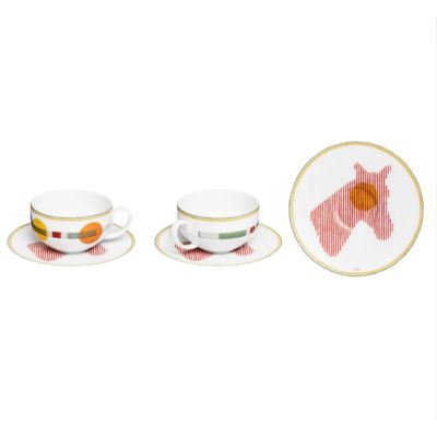 Hermès / Saut / set 2 tazze tè con piattini / porcellana / bianca con decorazioni