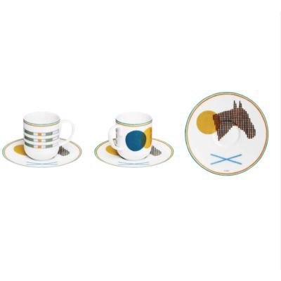 Hermès / Saut / set 2 tazze caffè con piattini / porcellana / bianca con decorazioni