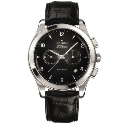 Zenith / El Primero Grande Class / orologio uomo / cronografo / quadrante nero / cassa acciaio / cinturino pelle nera