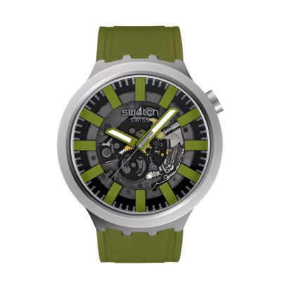 Swatch Thru the Underbrush / Big Bold / orologio unisex / quadrante scheletrato / cassa in acciaio e cinturino in gomma verde