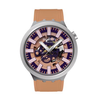 Swatch Terracotta Tide / Holiday / Big Bold / orologio unisex / quadrante scheletrato viola / cassa acciaio / cinturino gomma