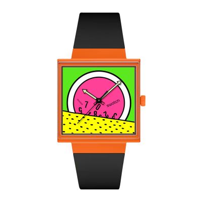 Swatch Break Free / Break Time / orologio quadrato unisex / quadrante multicolor / cassa plastica / cinturino plastica