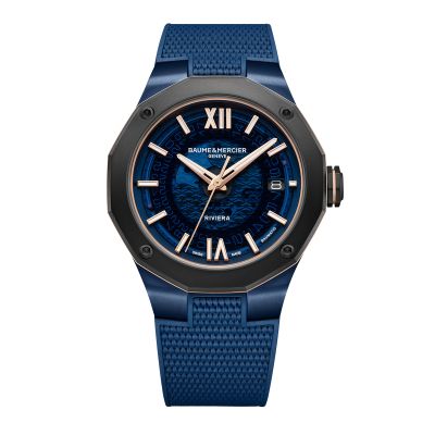 Baume & Mercier Riviera / orologio uomo / quadrante blu fumè / cassa titanio e acciaio / cinturino caucciù blu