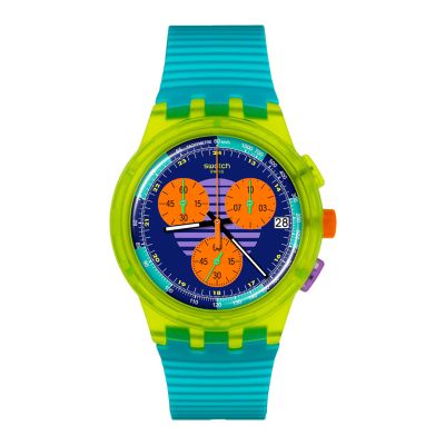 Swatch Neon Wave / New Chrono / orologio unisex / quadrante viola / cassa plastica / cinturino silicone