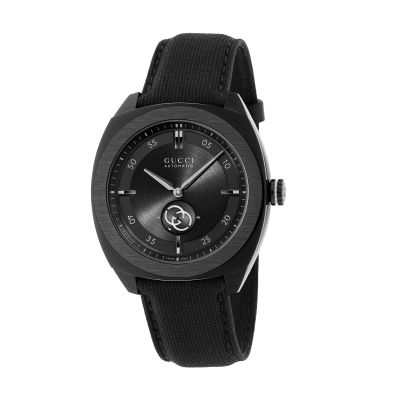 Gucci Interlocking G / orologio uomo / quadrante nero / cassa acciaio PVD nero / cinturino gomma con effetto tessile