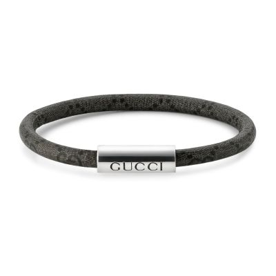 Gucci / Trademark / bracciale GG supreme / tessuto e argento / grigio scuro e nero