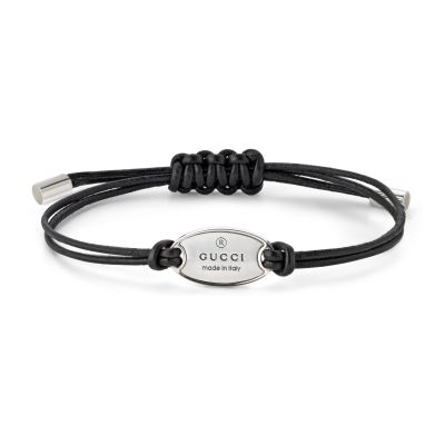 Gucci / Trademark / bracciale a corda con targhetta / pelle nera e argento 