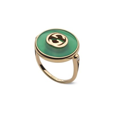 Gucci / Interlocking G / anello / oro rosa, diamanti e agata verde