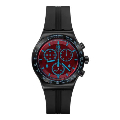 Swatch Crimson Mystique / Irony Chrono / orologio unisex / quadrante nero / cassa acciaio / cinturino gomma