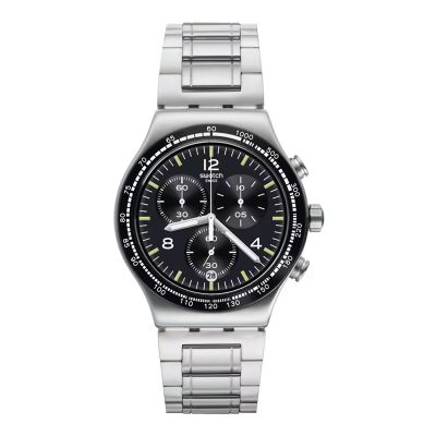 Swatch Night Flight / Irony Chrono / orologio unisex / quadrante nero / cassa e bracciale acciaio