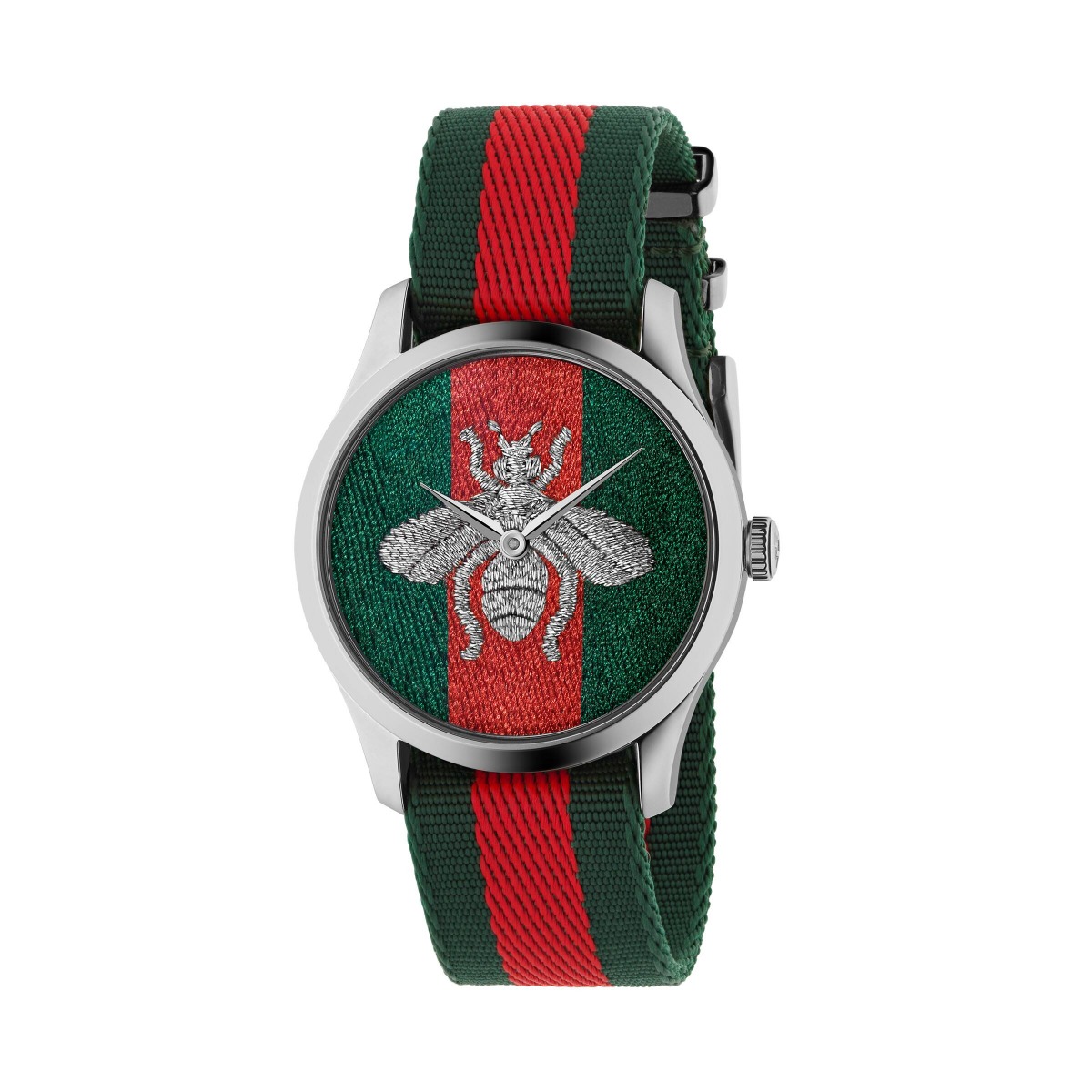 Gucci G Timeless orologio unisex quadrante nylon verde e rosso cassa acciaio cinturino nylon motivo web verde e rosso